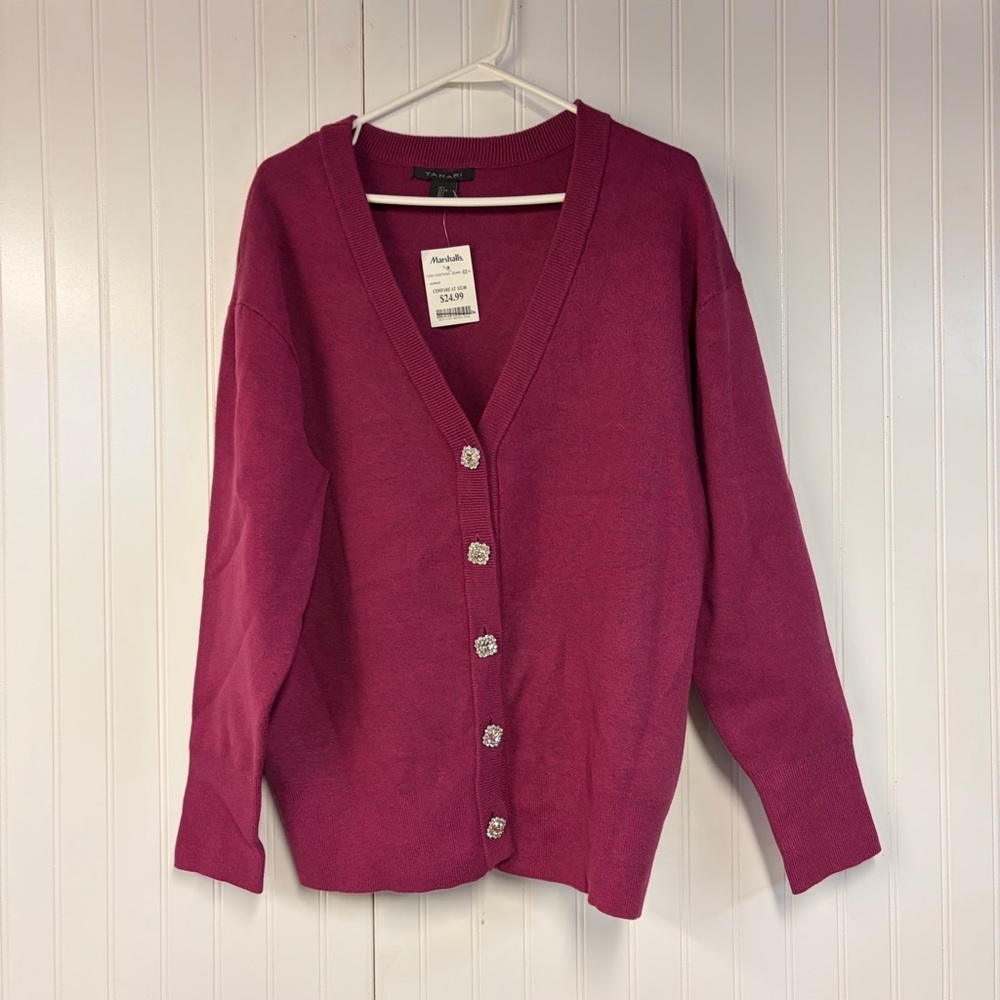 Tahari Women's Magenta Cardigan Sweater Large Rhinestone Button